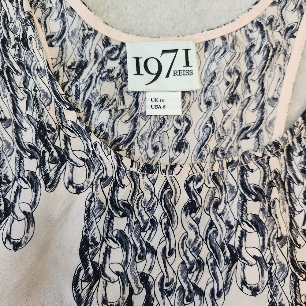 Reiss 1971 100% Silk Blush Pink Navy Print Sleeveless Blouse Size 6 Boho - Picture 5 of 13